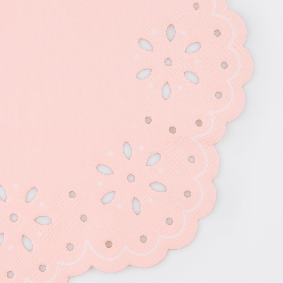 Our large party napkins, pink and peach napkins, have a pretty embossed lace design.