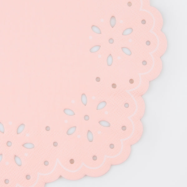 Our large party napkins, pink and peach napkins, have a pretty embossed lace design. Image3