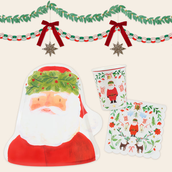 Let Santa make your Christmas party look sensational, with our special set with plates, napkins and cups and a large decoration. Image1