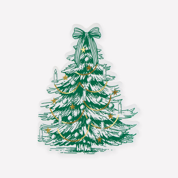 Our Christmas napkins, made 3-ply paper, are made in the shape of a Christmas tree with a Toile de Jouy inspired design and gold foil details. Image1