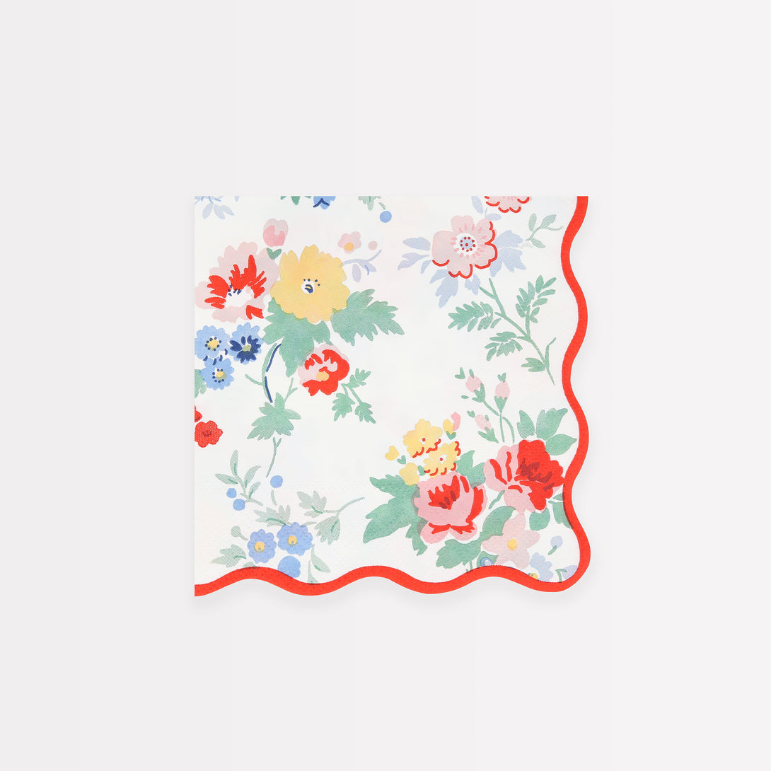 Our small party napkins have a floral design with modern pops of red, ideal for an sophisticated celebration.