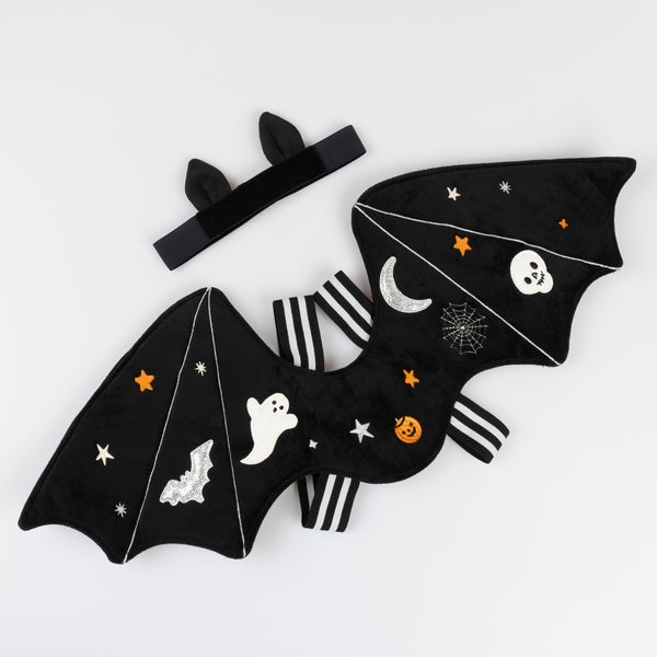 Our luxury black velvet bat costume features appliqued and embroidered wings with an adorable ear headband. Image2