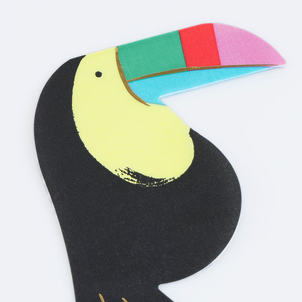 Our toucan shaped napkins are made from 3-ply paper, practical and decorative for a jungle party or rainforest inspired celebration. Image2