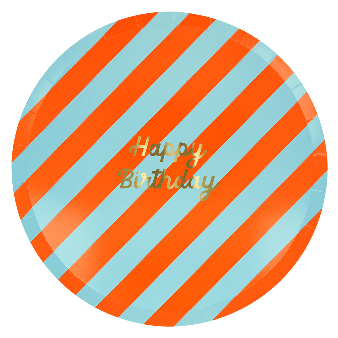 Our happy birthday plates, with colourful stripes, are amazing for any birthday party.