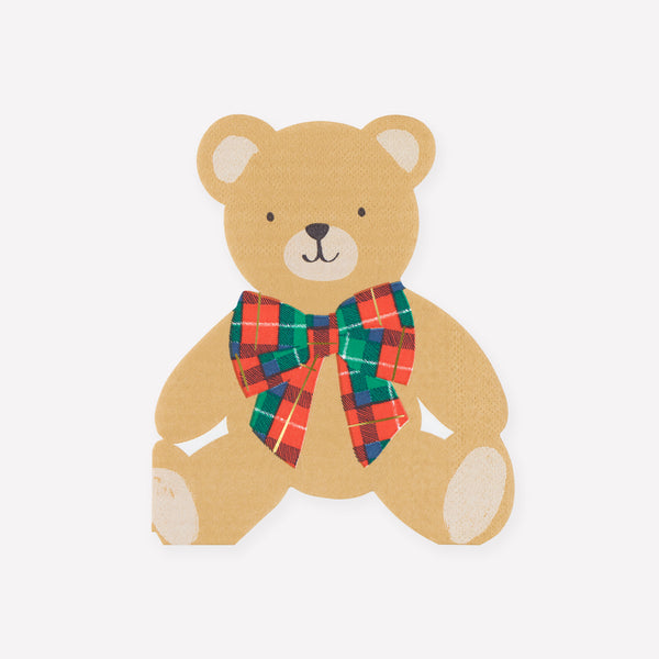 Our 3-ply paper Christmas napkins are made in the shape of an adorable teddy bear with tartan bow for a current yet timeless look. Image1