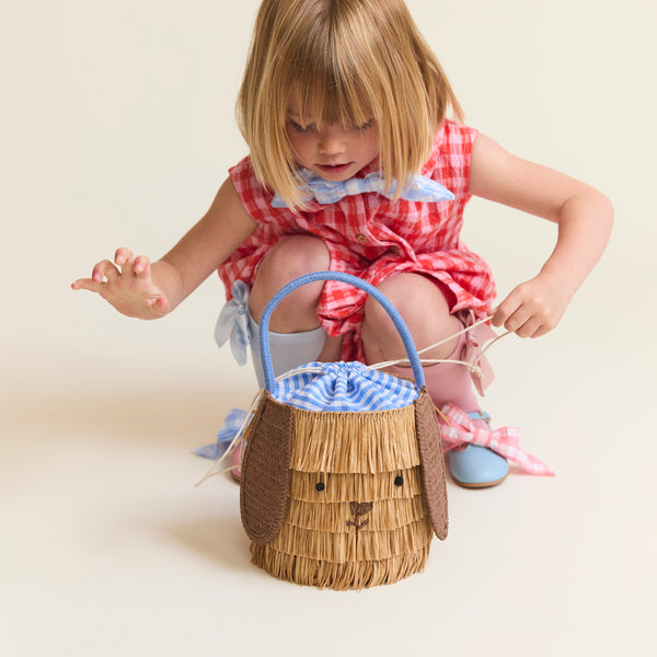 Our adorable puppy basket, made from paper based raffia, is the cutest accessory for kids and adults, with an adorable face and floppy ears. Image2