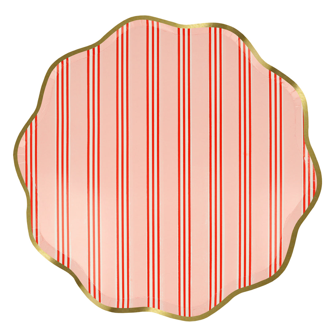 Our Christmas  paper plates feature stylish stripes in festive colours, wavy edges and shiny gold foil borders.