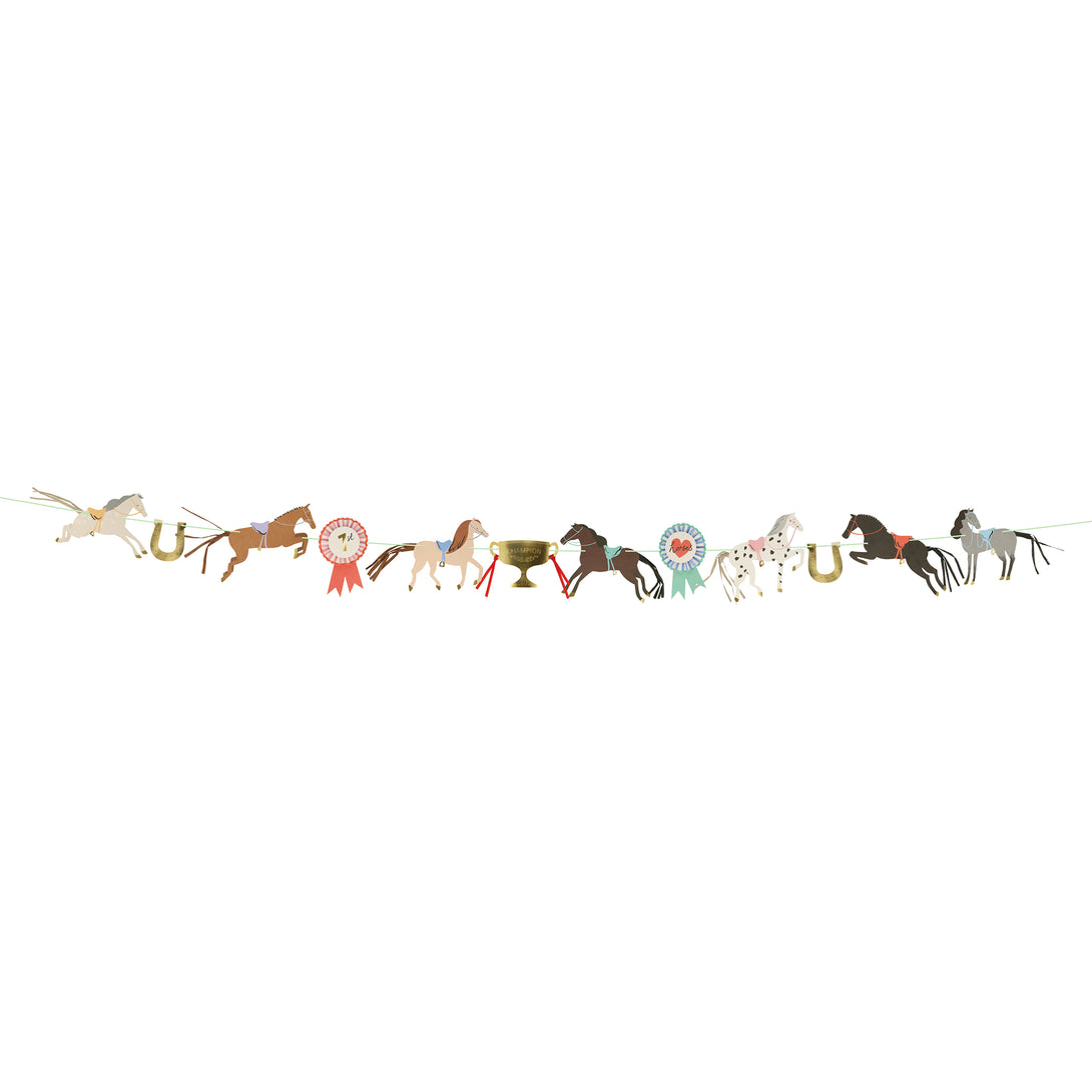 Our party garland is ideal for a horse party or a horse decoration, as it features horses, rosettes and shiny gold horseshoes.