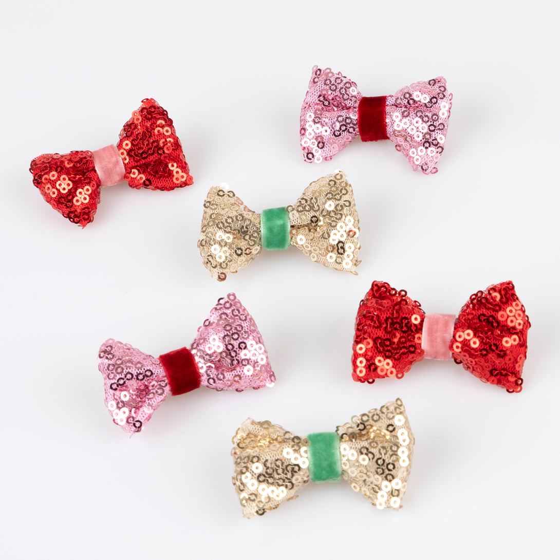 Accessorise your Christmas hairstyle with our sequin bows with velvet details, simply clip on for instant style.