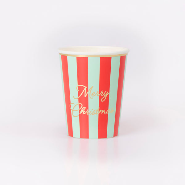 Our Christmas cups, paper cups with vibrant stripes, a Merry Christmas message and lots of gold foil, are perfect for hot and cold drinks. Image4