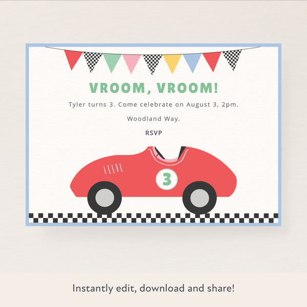 Invite family and friends to your race car party with our wonderful digital party invitation featuring a classic car design.