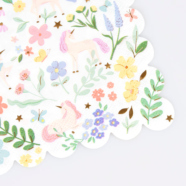 Our small unicorn napkins are crafted in pastels and shiny gold foil with pretty flower designs. Image2