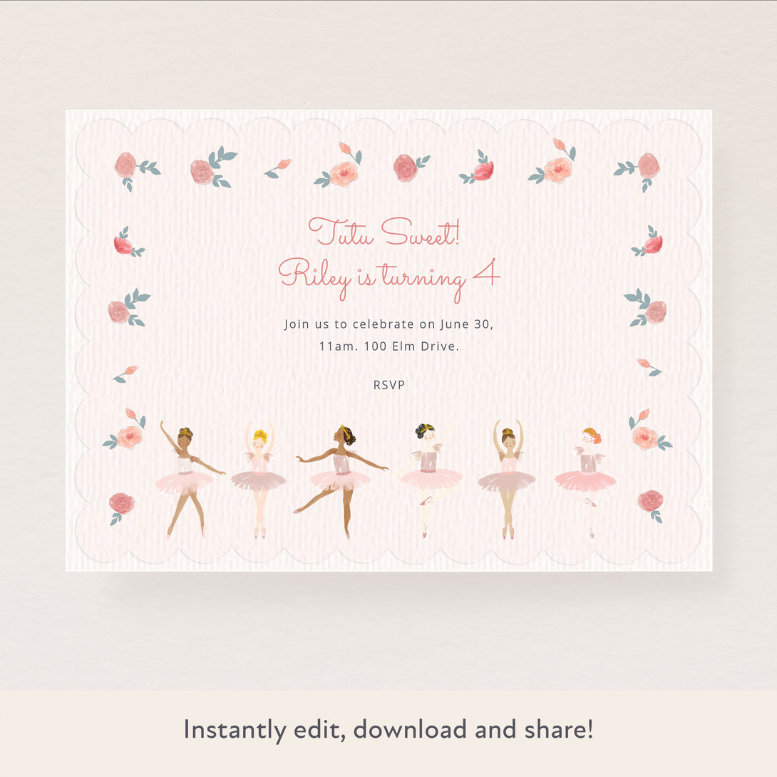 Our digital party invitation featuring pretty ballerinas is perfect for a ballet party.