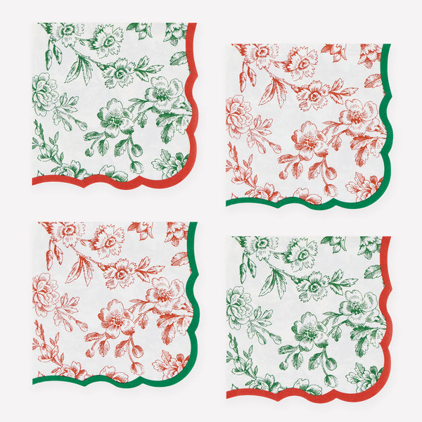 Our small Christmas paper napkins, made from 3-ply paper, feature an elegant Toile de Jouy design in red and green with coordinating borders. Image1