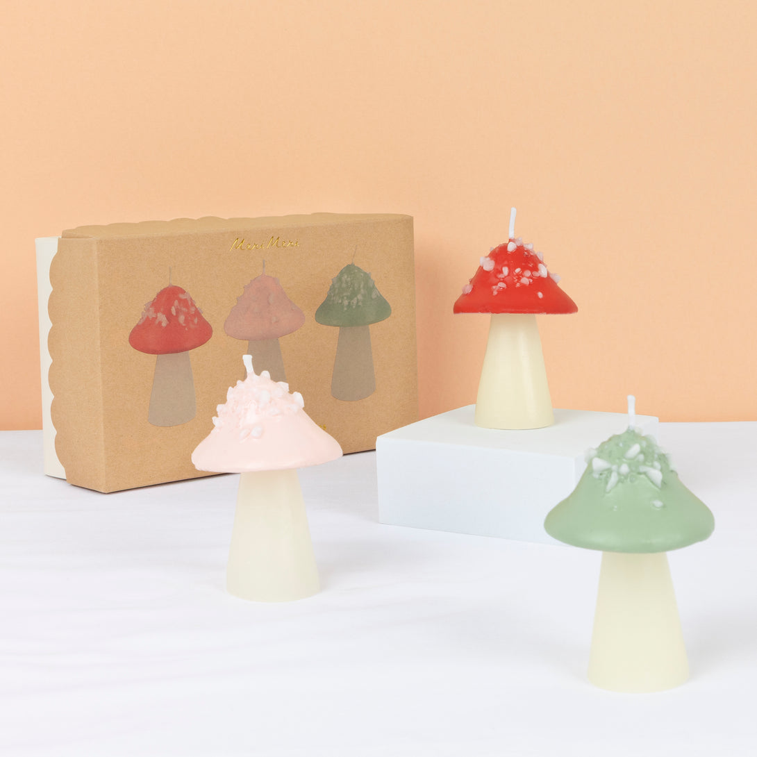 Our party candles, in the shape of 3D mushrooms, are perfect as candle decorations and as a hostess gift. Image1