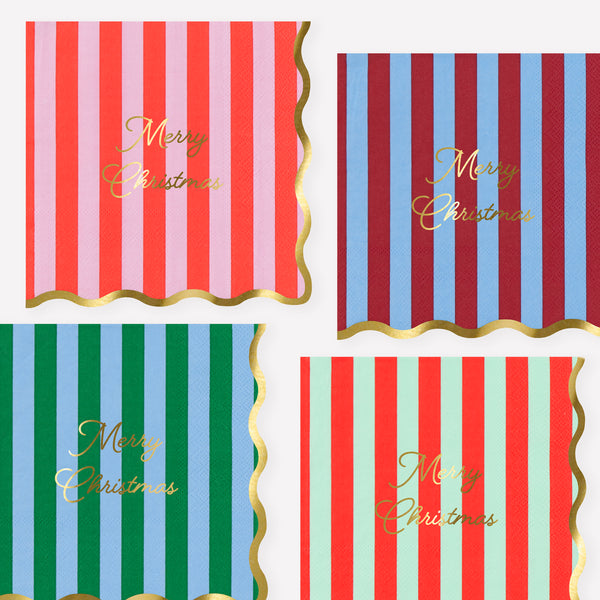 Our Christmas paper napkins, in a large size, feature vibrant stripes, scalloped edges and gold foil details for a practical and decorative look. Image1