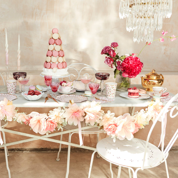 Our elegant paper garland is crafted with paper flowers and pink bows for a really beautiful hanging decoration ideal for a bridal shower. Image3