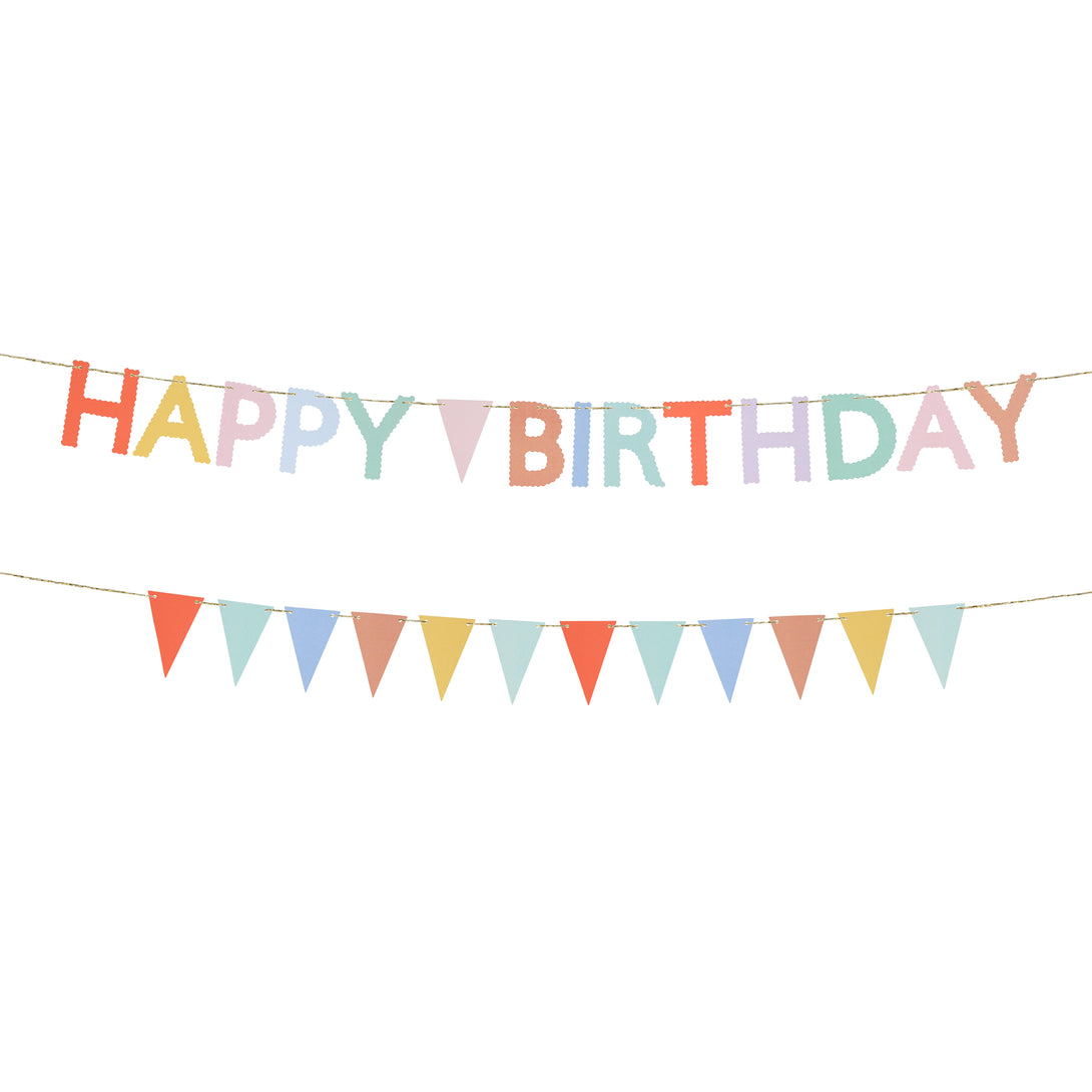 Our birthday garland set includes one that spells out Happy Birthday and another with flag pennants, in bright colours.