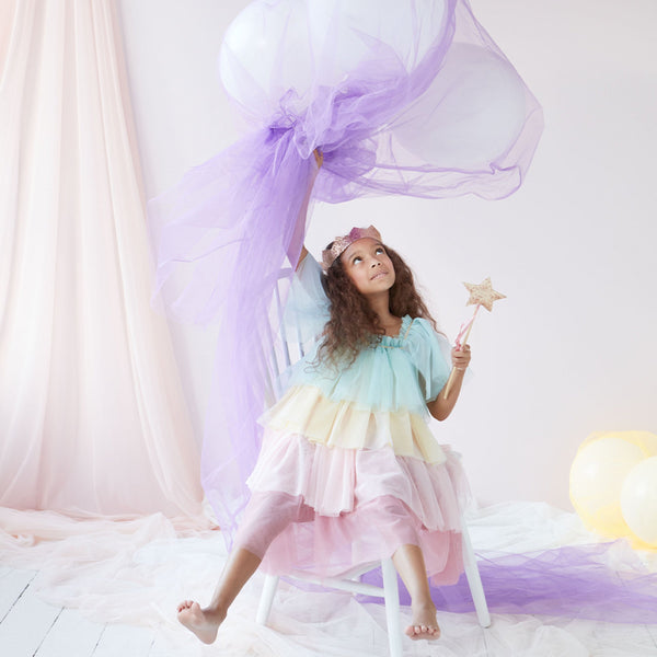 This princess costume for kids is made from colourful tulle layers and comes with a gold princess crown.,This princess costume for kids is made from colourful tulle layers and comes with a gold princess crown. Image1