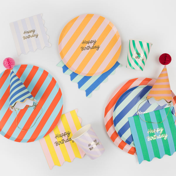 Our bright stripes party set has everything you need in a birthday supply set, with tableware, a cupcake kit, party hats and a mini garland. 