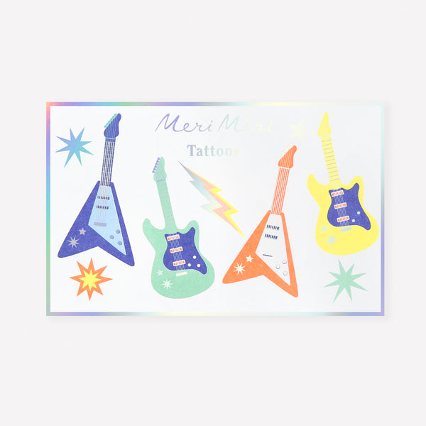 Our temporary tattoos for kids feature electric guitars and other rock party symbols, perfect as party bag gifts or party favours. For 3+. Image1