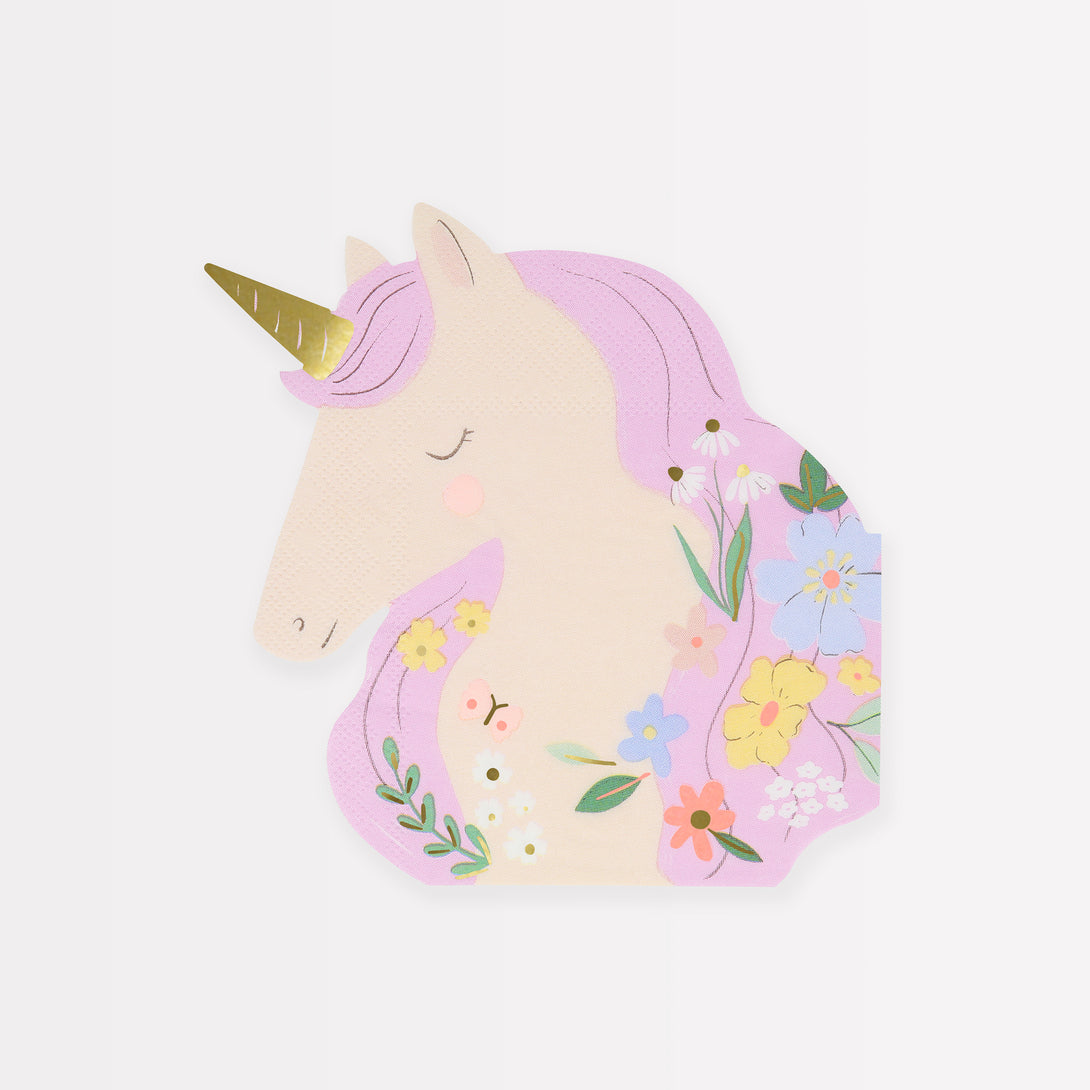 Our unicorn party napkins are crafted in the shape of unicorns with pretty flower designs, ideal for unicorn or princess parties.