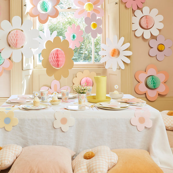 Our flower hanging decorations, with 3D honeycomb centres, are perfect for a pink party, groovy party or summer party Image3