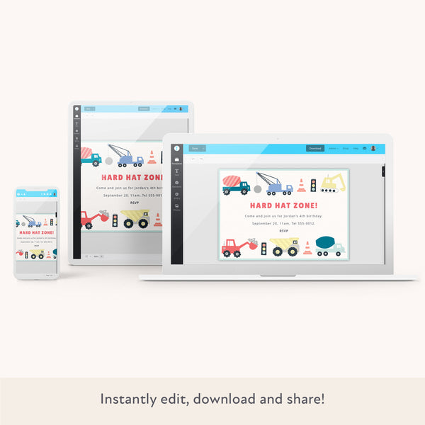 Our fun digital party invitation includes a sweet construction-themed design for kids who love building and vehicles. Image2