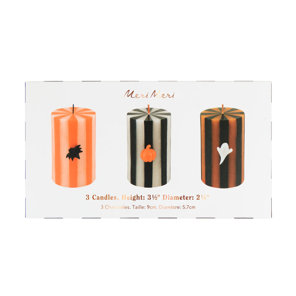 Our Halloween candles set of three features striped designs with classic icons of a ghost, bat and pumpkin for  magical decorative touch. Image4