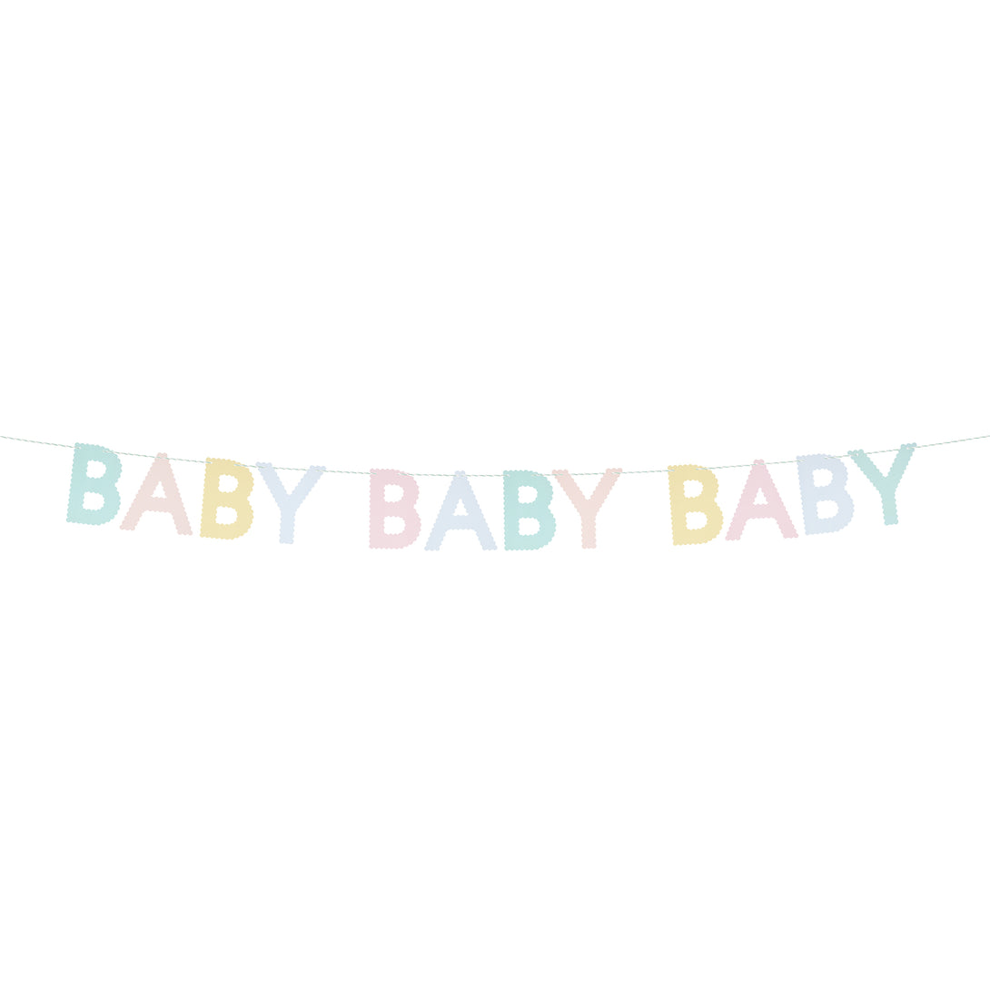 Our pastel paper garland, with the words baby, baby, baby, is ideal for your baby shower.