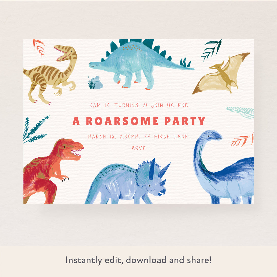 Our digital party invitations, easy to personalise and download, are ideal for your dinosaur party.