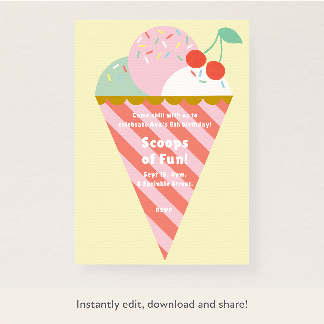 Our ice cream invitations are easy to personalise and download.