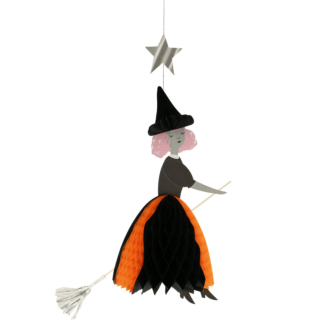 Our Halloween hanging decorations feature happy witches with honeycomb details, and shiny silver stars and a moon.