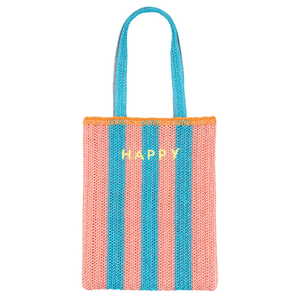 Our raffia bag, made from paper based raffia with pink and blue stripes, and an orange border, has the word Happy embroidered on the front. Image5