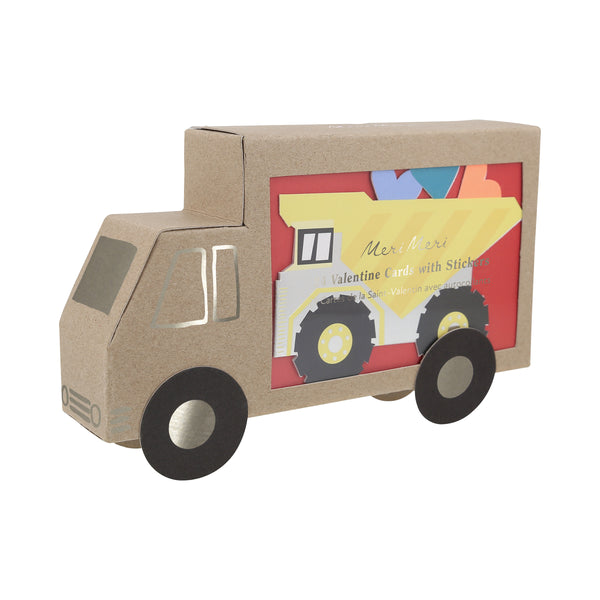 Our Valentine's cards for kids set include brightly coloured trucks and Valentine's stickers. Image1