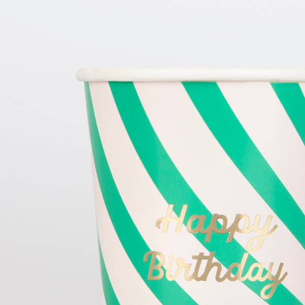 Our birthday cups look amazing with bright stripes of colour and shiny gold foil details. Image2
