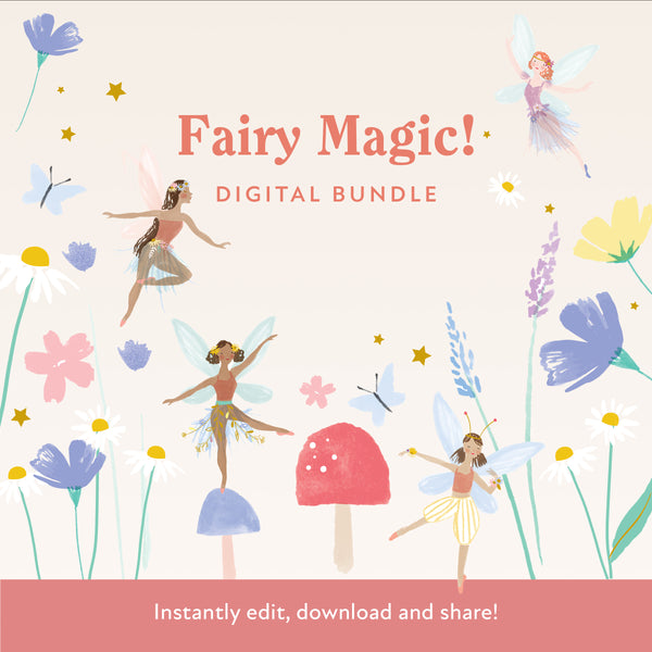 Our digital party bundle, with bright and beautiful fairy illustrations, includes all you need to welcome guests to your party. Image1