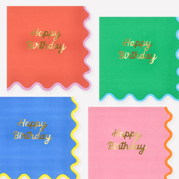 Our birthday napkins, made from 3-ply paper, feature four bright colourways, a ricrac style edge, and a shiny gold foil birthday message. Image1