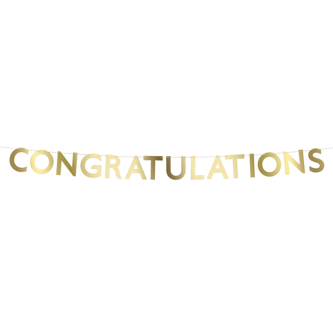 Our paper garland, with shiny gold foil, spells out congratulations, and is perfect to celebrate special moments.