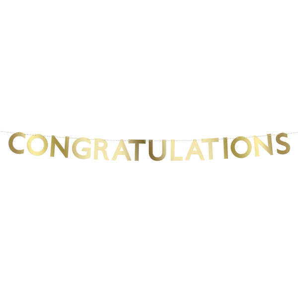 Our paper garland, with shiny gold foil, spells out congratulations, and is perfect to celebrate special moments.