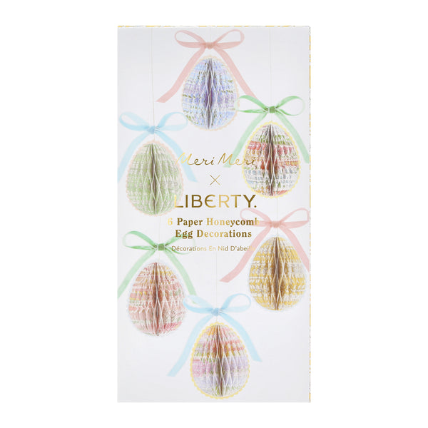 Our Easter egg decorations are made from honeycomb paper with Liberty floral designs, scalloped edges and velvet bows for luxe look. Image10