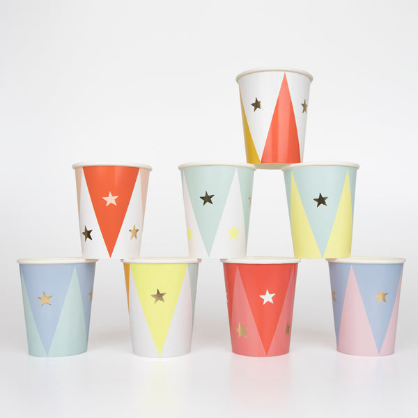 Our circus cups are perfect for a circus themed party, with bright colours and shiny gold foil stars.