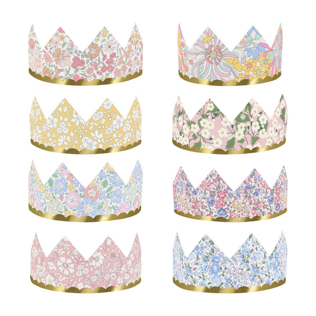 Our sophisticated paper hats are crowns with Liberty print designs, pink ribbons and gold foil, perfect for bridal showers and baby showers.