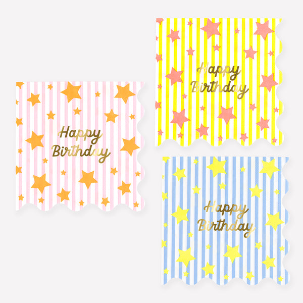 Our small napkins, made from 3-ply paper, are perfect for a birthday party, featuring stripes, neon stars, and a gold foil “Happy Birthday”. Image1