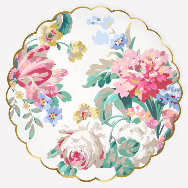 Our paper party plates, in dinner plate size, feature bright florals and a shiny gold foil scalloped border for a really elegant effect. Image1