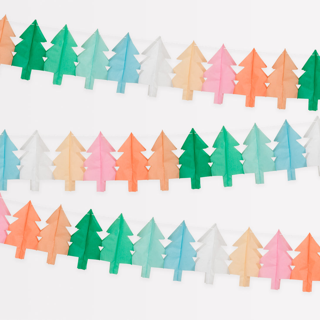 Our hanging Christmas decorations feature tissue paper Christmas trees in lots of colours for a merry and bright look.