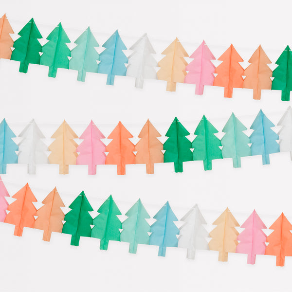 Our hanging Christmas decorations feature tissue paper Christmas trees in lots of colours for a merry and bright look.