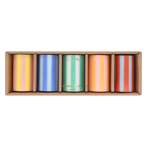 Our striped candles, in a classic pillar shape, feature 5 bright colourways and coloured wicks, perfect for birthday and home decorations. Image3