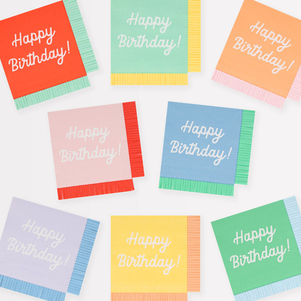 Our small paper napkins have the words Happy Birthday on them and lots of bright co-ordinating colours to look amazing on your party table.