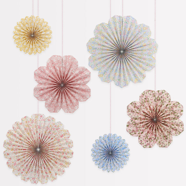 Our paper pinwheel decorations, with Liberty floral print patterns, are perfect as baby shower decorations and for all parties for all ages. Image1